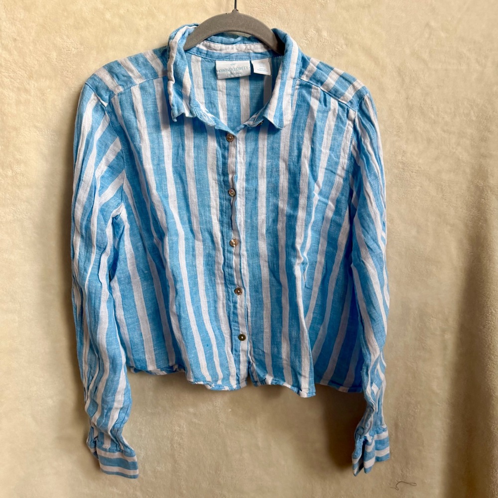 Cynthia Rowley Sz M Blue Stripe 100% Linen Cropped Long Sleeve Button Down Shirt